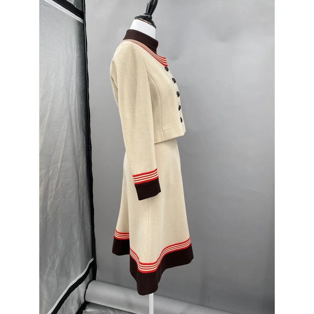 Vintage 70s Knit Dress Jacket Set Cream Chocolate Brown Mod A-Line Midi S/M